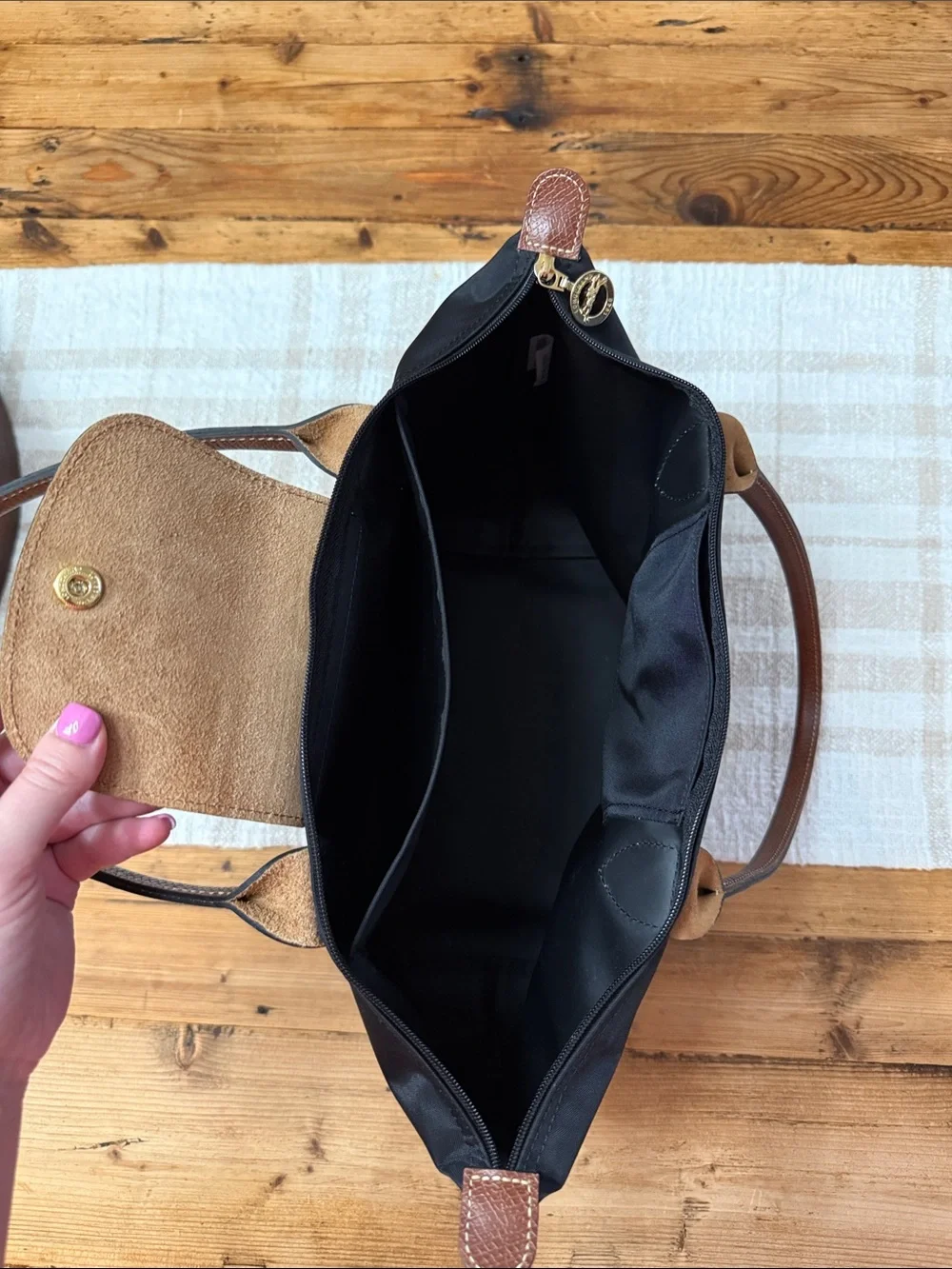 Longchamp Black Nylon Tote with Brown Leather Trim